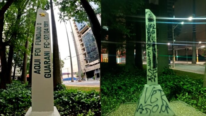 Totem em homenagem aos 113 anos do Guarani é pichado horas depois da inauguração Totem em homenagem aos 113 anos do Guarani é pichado horas depois da inauguração