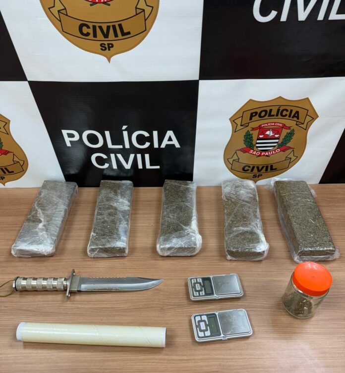 Foram encontrados cinco tijolos de maconha e apetrechos para fracionamento e embalo das drogas,