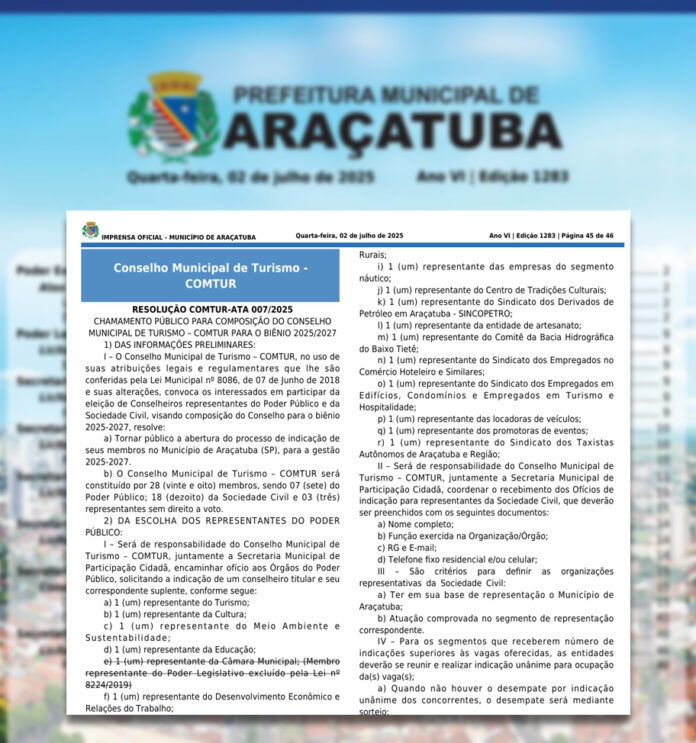 participacao-cidada-de-aracatuba-abre-inscricoes-para-novos-membros-do-conselho-municipal-de-turismo Foto: Divulgação