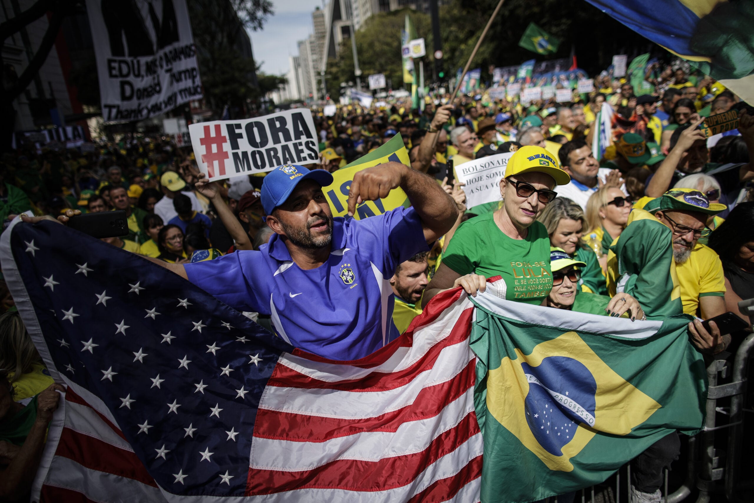 Ato de direita marcado depois do governo de Donald Trump incluir o Ministro do Supremo Tribunal Federal do Brasil, Alexandre de Moraes na lista de sancionados pela Lei Magnitsky | Foto: Bruno Santos/Folhapress