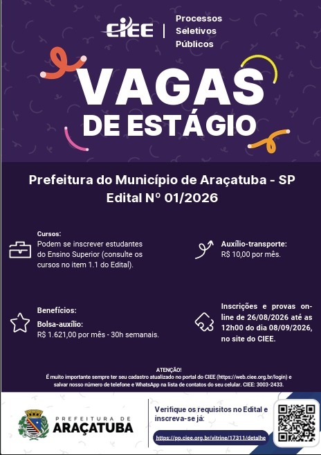 Prefeitura de Araçatuba abre inscrições para cadastro de reserva de estágio em 33 cursos