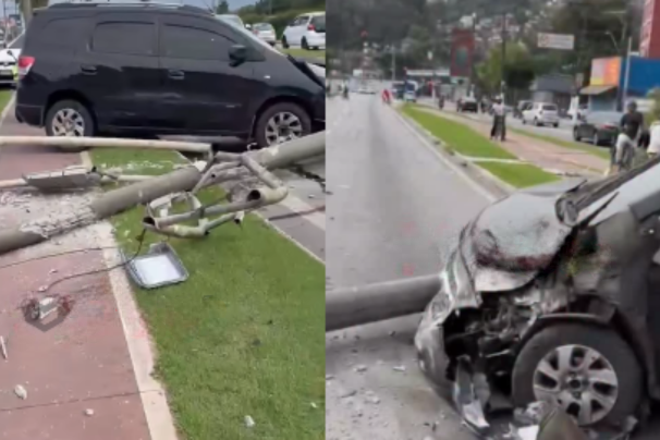 Vento causa querda de poste em cima de carro na Avenida Martins Fontes, em Santos